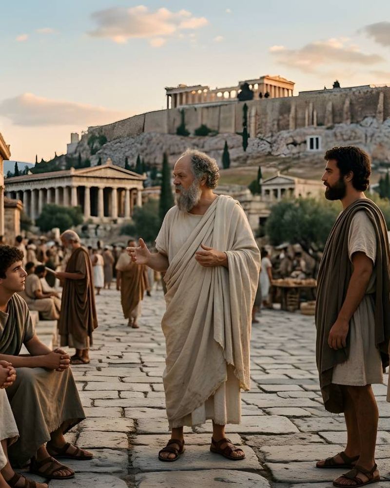 Sokrates im Gespräch mit Schülern auf der Agora im antiken Athen bei warmem Abendlicht
