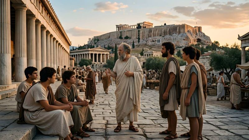 Sokrates im Gespräch mit Schülern auf der Agora im antiken Athen bei warmem Abendlicht